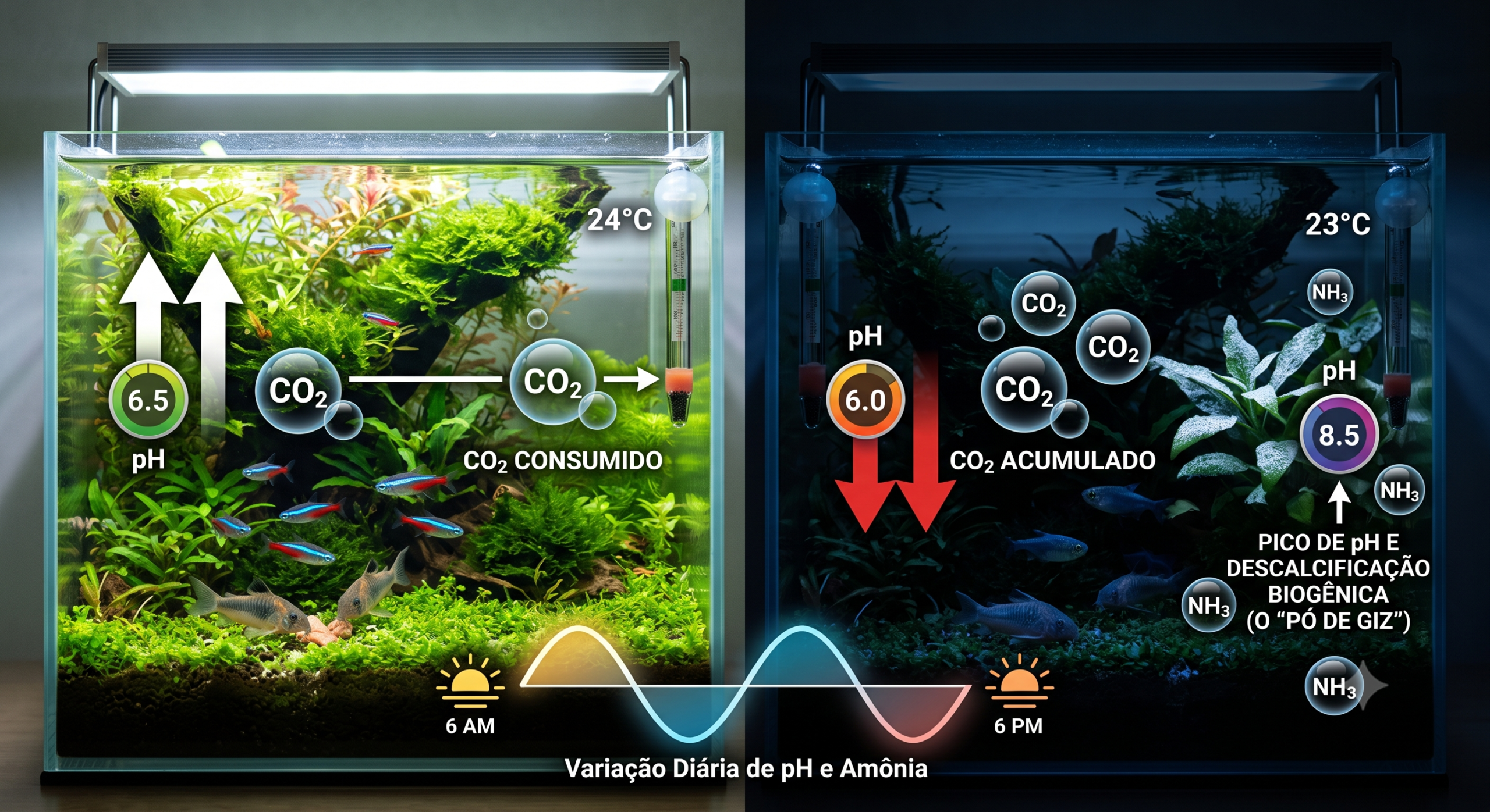 Comparação do aquário de dia e de madrugada